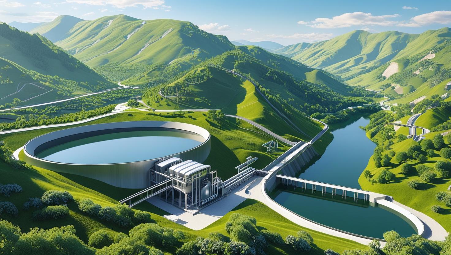 A realistic 3D rendering of a pumped storage hydropower system built in a mountainous landscape. The image shows two reservoirs at different elevations connected by a steep inclined tunnel with penstocks and turbi
